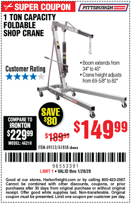 Pittsburgh Automotive 1 Ton Capacity Foldable Shop Crane For 149 99 Through 1 20 2020 Harbor Freight Coupons