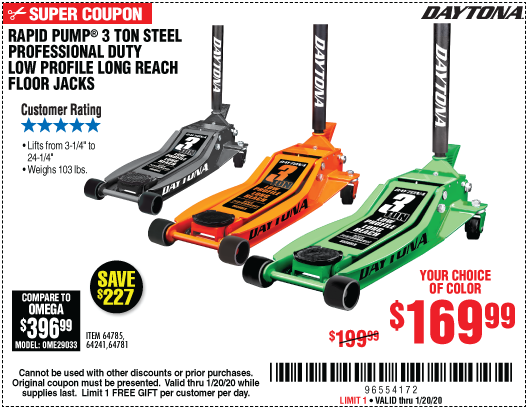 DAYTONA 3 ton Long Reach Low Profile Professional Rapid Pump Floor Jack in  Green for $169.99 through 1/20/2020 – Harbor Freight Coupons