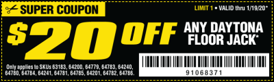 $20 Off Any Daytona Floor Jack, Now Through 1/19 – Harbor Freight Coupons