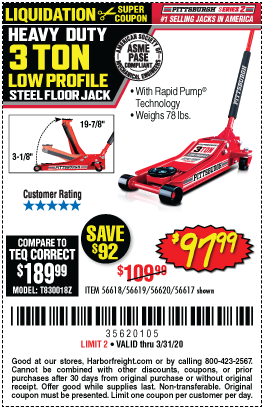 PITTSBURGH AUTOMOTIVE 3 Ton Low Profile Steel Heavy Duty Floor Jack With  Rapid Pump for $97.99 – Harbor Freight Coupons