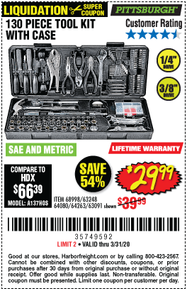 PITTSBURGH 130 Pc Tool Kit With Case for $29.99 – Harbor Freight Coupons