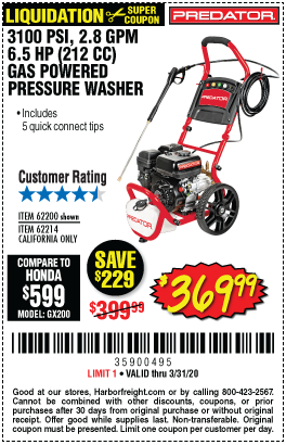 PREDATOR Pressure Washer for $369.99 – Harbor Freight Coupons