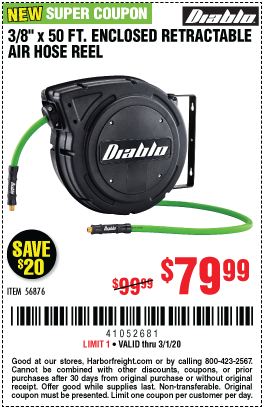 DIABLO 3/8 In. X 50 Ft. Enclosed Retractable Air Hose Reel for $79.99 –  Harbor Freight Coupons