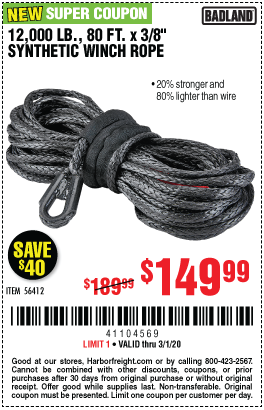 12,000 lb. 80 ft. x 3/8 in. Synthetic Winch Rope