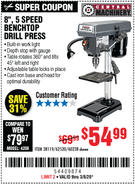 CENTRAL MACHINERY 8 in. 5 Speed Bench Drill Press for $54.99