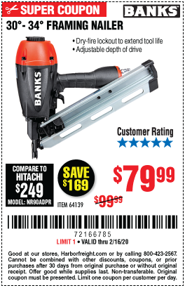 BANKS 30°-34° Framing Nailer for $79.99 – Harbor Freight Coupons