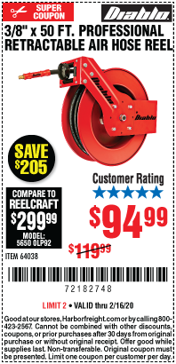 DIABLO 3/8 In. X 50 Ft. Professional Retractable Air Hose Reel for $94.99 –  Harbor Freight Coupons