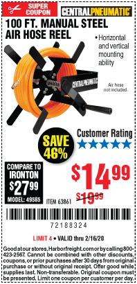 CENTRAL PNEUMATIC 100 Ft. Manual Steel Air Hose Reel for $14.99 – Harbor  Freight Coupons