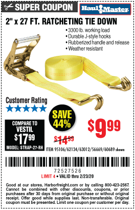 3300 lb. Capacity 2 in. x 27 ft. Heavy Duty Ratcheting Tie Down, 1 Pk.