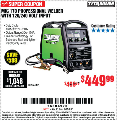 TITANIUM MIG 170 Professional Welder with 120/240 Volt Input for $449.
