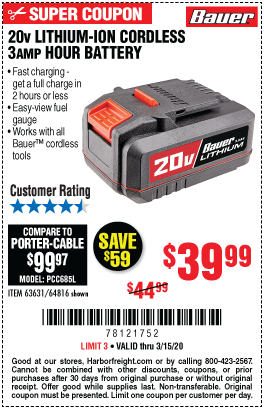 BAUER 20V HyperMax Lithium-Ion 3.0 Ah High Capacity Battery for $39.99
