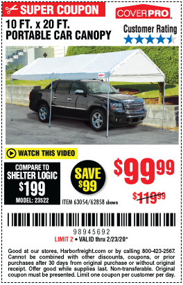 COVERPRO 10 Ft. X 20 Ft. Portable Car Canopy for $99.99 – Harbor