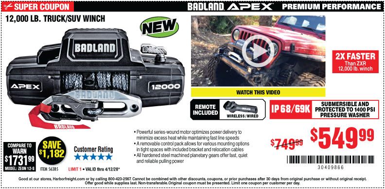 APEX Synthetic 12,000 lb. Wireless Winch
