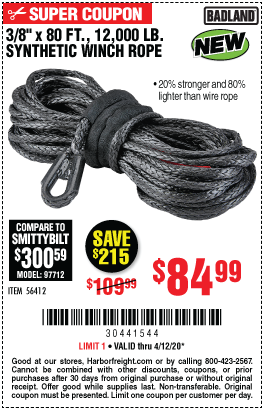 12,000 lb. 80 ft. x 3/8 in. Synthetic Winch Rope