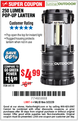 LUMINAR OUTDOOR 250 Lumen Compact Pop-Up Lantern for $4.99