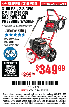 PREDATOR Pressure Washer for $349.99 – Harbor Freight Coupons