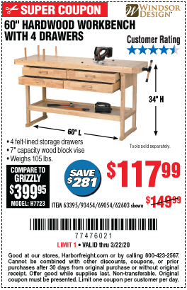 WINDSOR DESIGN 60 In. 4 Drawer Hardwood Workbench for 117