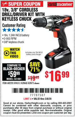DRILL MASTER 18V 3/8 in. Cordless Drill/Driver Kit With Keyless Chuck 21  Clutch Settings for $16.99 – Harbor Freight Coupons