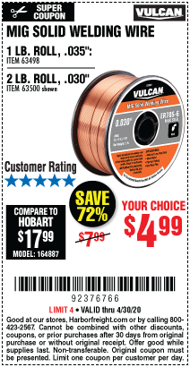 VULCAN 0.030 in. ER70S-6 MIG Solid Welding Wire 2.00 lb. Roll for $4.99 ...