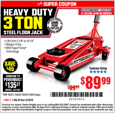 PITTSBURGH AUTOMOTIVE 3 Ton Steel Heavy Duty Floor Jack With Rapid Pump for  $89.99 – Harbor Freight Coupons