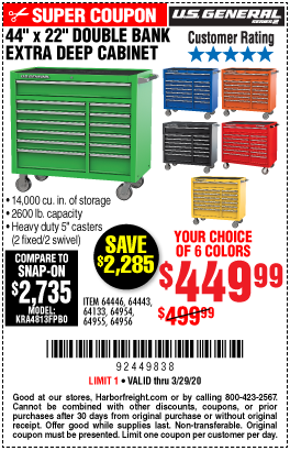 U.S. GENERAL SERIES 2 44 In. X 22 In. Double Bank Roller Cabinet for  $449.99 – Harbor Freight Coupons