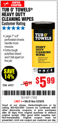 TUB O' TOWELS Tub O' Towels Heavy Duty Cleaning Wipes for $5.99 – Harbor  Freight Coupons