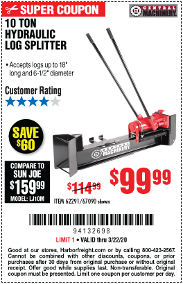 CENTRAL MACHINERY 10 Ton Hydraulic Log Splitter for $99.99 – Harbor