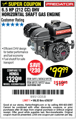 PREDATOR ENGINES 6.5 HP (212cc) OHV Horizontal Shaft Gas Engine – Item ...