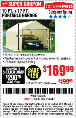 Coverpro 10 Ft X 17 Ft Portable Garage For 169 99 Harbor Freight Coupons