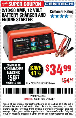 CEN-TECH 12V Manual Charger With Engine Start for $34.99 – Harbor