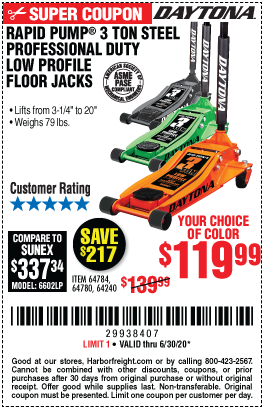 DAYTONA 3 Ton Low Profile Steel Professional Floor Jack With Rapid Pump for  $119.99 – Harbor Freight Coupons