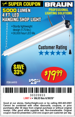 Braun 4 Ft Led Hanging Shop Light For 19 99 Harbor Freight Coupons