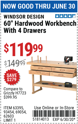 60 in. 4 Drawer Hardwood Workbench