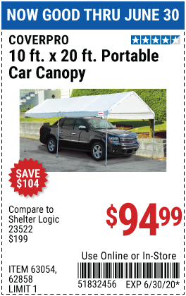 COVERPRO 10 Ft. X 20 Ft. Portable Car Canopy for $94.99 – Harbor