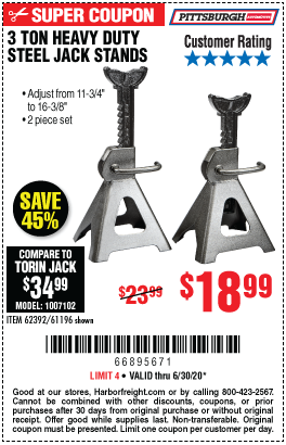 PITTSBURGH AUTOMOTIVE 3 Ton Steel Jack Stands for $18.99 – Harbor Freight  Coupons