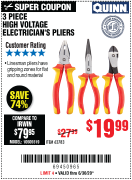 High Voltage Electrician's Pliers, 3 Pc.