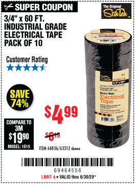 3/4 In x 60 Ft Industrial Grade Electrical Tape, 10 Pk.
