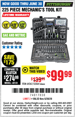 PITTSBURGH Mechanic’s Tool Kit 225 Pc. for $99.99 – Harbor Freight Coupons