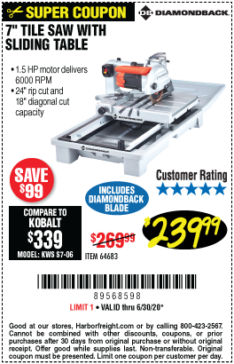 7 in.  Heavy Duty Wet Tile Saw with Sliding Table