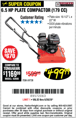 CENTRAL MACHINERY 6.5 HP Plate Compactor for $499.99 – Harbor Freight