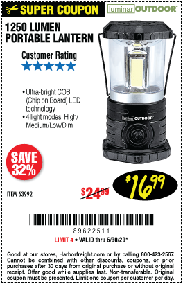LUMINAR OUTDOOR 1250 Lumen Portable Lantern for $16.99 – Harbor Freight  Coupons