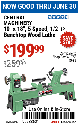 10 in. x 18 in. 5 Speed 1/2 HP Benchtop Wood Lathe