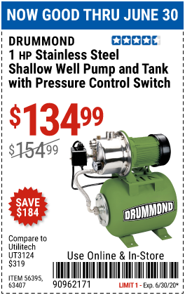 1 HP Stainless Steel Shallow Well Pump and Tank with Pressure Control Switch - 950 GPH