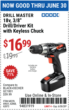 DRILL MASTER 18V 3/8 in. Cordless Drill/Driver And Flashlight Kit for  $19.99 – Harbor Freight Coupons