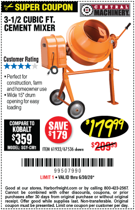 CENTRAL MACHINERY 3-1/2 Cubic Ft. Cement Mixer for $179.99 – Harbor