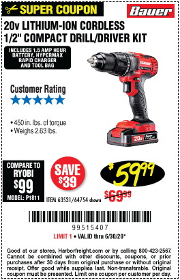 BAUER 20V Hypermax Lithium 1/2 In. Drill/Driver Kit for $59.99 – Harbor  Freight Coupons