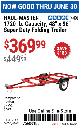 HAUL-MASTER 1720 Lb. Capacity 48 In. X 96 In. Super Duty Folding Trailer  for $369.99 – Harbor Freight Coupons