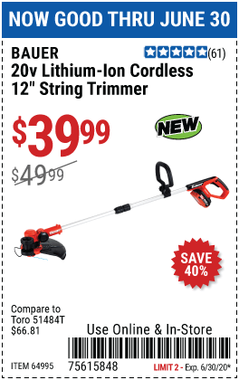 BAUER 20V Hypermax Lithium Cordless String Trimmer for $39.99 – Harbor ...