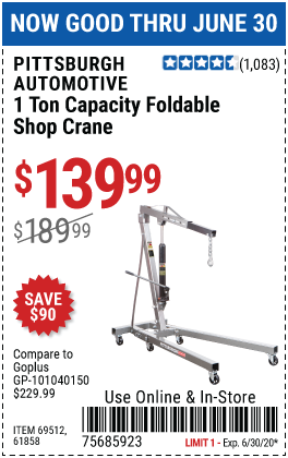 Pittsburgh Automotive 1 Ton Capacity Foldable Shop Crane For 139 99 Harbor Freight Coupons