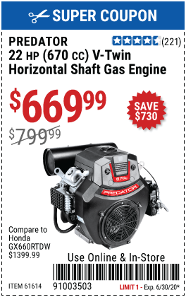 22 HP (670cc) V-Twin Horizontal Shaft Gas Engine EPA